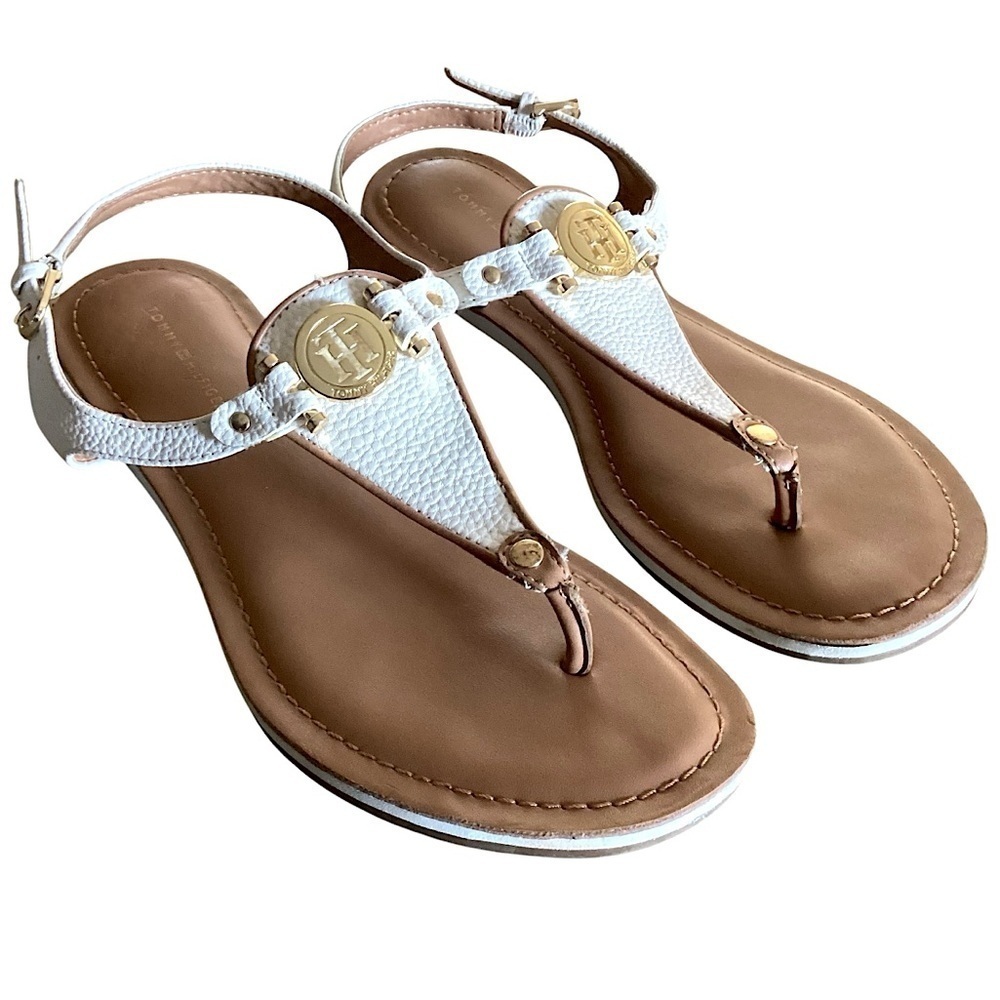 SOLD Tommy Hilfiger White and Brown Thong Sandals Gold Tone Hardware Women's